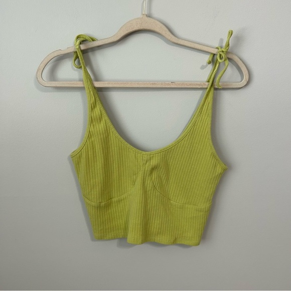 Vibrant Lime Green Tie Shoulder Ribbed Crop Tank Top Women’s Size Medium - Picture 1 of 5